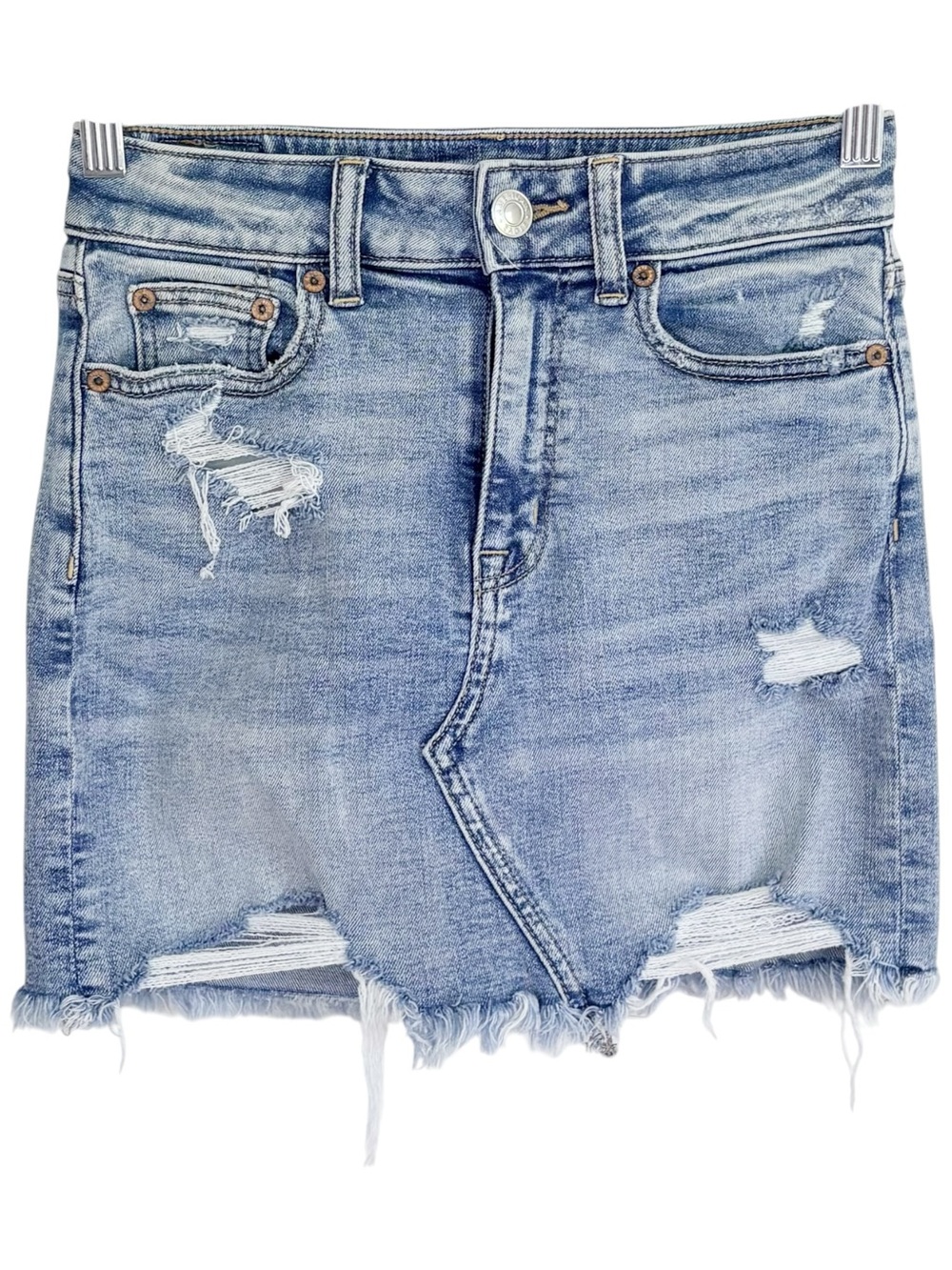 AMERICAN EAGLE High Rise Distressed Denim Mini Skirt Light Wash 0 Y2K Stretch